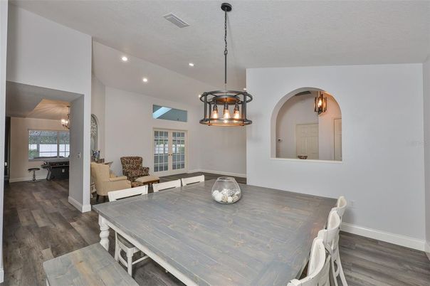 Dining room, Interior, Pendant Lights, Recessed Lighting, Wood Texture Flooring