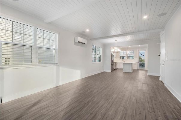 Chandelier, Empty room, Interior, Kitchen, Recessed Lighting, Wood Texture Flooring