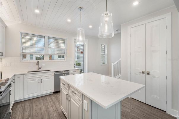 Interior, Kitchen, Pendant Lights, Recessed Lighting, Stainless Steel Appliances, Wood Texture Flooring