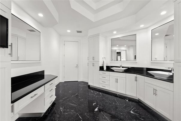 Bathroom, Dual Sink Vanities, Interior, Marble, Recessed Lighting