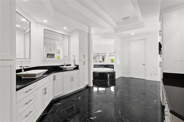 Bathroom, Dual Sink Vanities, Interior, Marble, Recessed Lighting