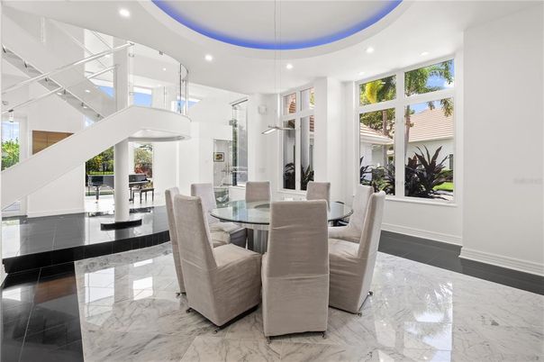 Dining room, Interior, Marble, Pendant Lights, Recessed Lighting