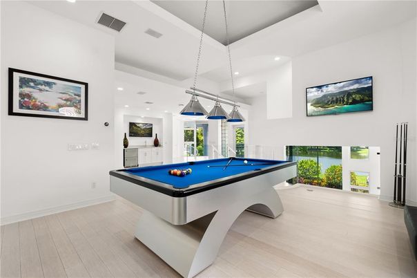 Billiard Table, Game Room, Interior, Pendant Lights, Recessed Lighting, Wood Texture Flooring