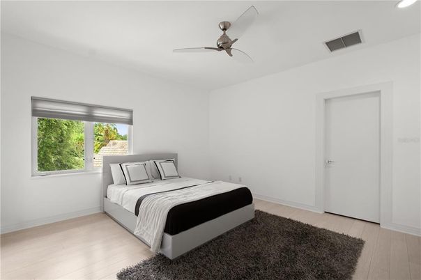 Bedroom, Interior, Recessed Lighting, Wood Texture Flooring