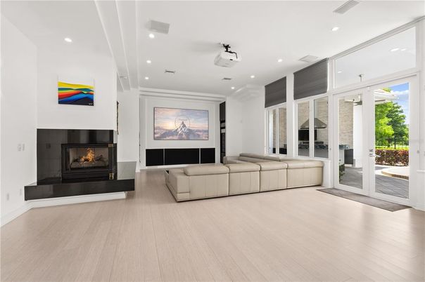 Fireplace, Interior, Living room, Recessed Lighting, Wood Texture Flooring