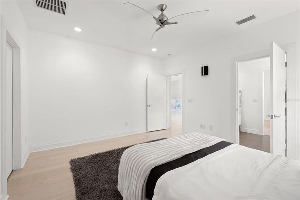Bedroom, Interior, Recessed Lighting, Wood Texture Flooring