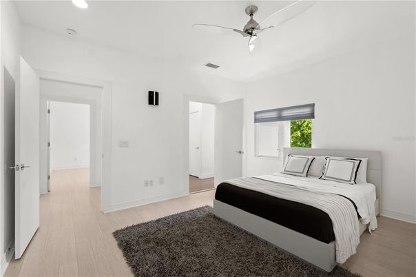 Bedroom, Interior, Recessed Lighting, Wood Texture Flooring