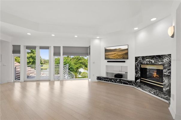 Fireplace, Interior, Recessed Lighting, Wood Texture Flooring