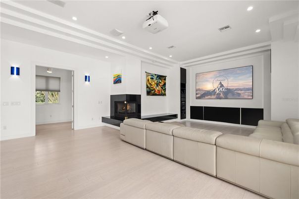 Fireplace, Interior, Living room, Recessed Lighting, Wood Texture Flooring