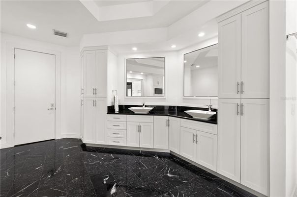 Bathroom, Dual Sink Vanities, Interior, Marble, Recessed Lighting