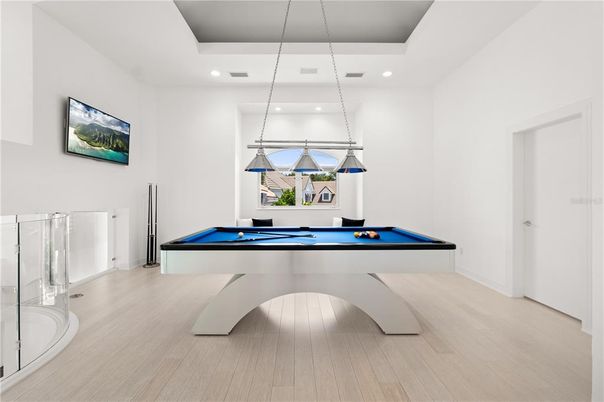 Billiard Table, Game Room, Interior, Pendant Lights, Recessed Lighting, Wood Texture Flooring