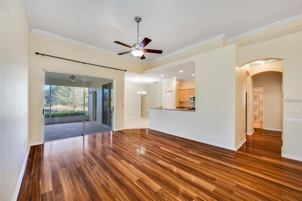 Empty room, Interior, Kitchen, Pendant Lights, Recessed Lighting, Wood Texture Flooring