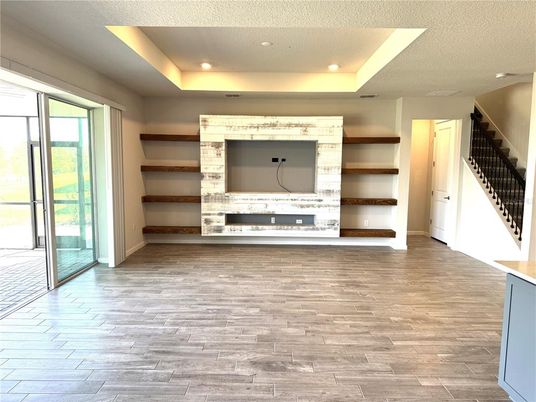 Fireplace, Interior, Recessed Lighting, Wood Texture Flooring