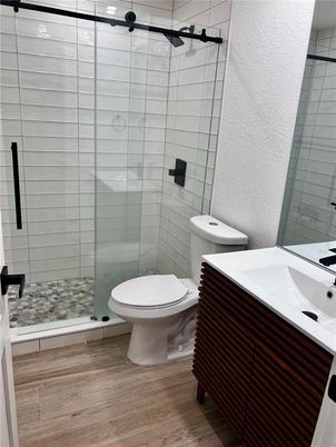 Bathroom, Glass Shower, Interior, Wood Texture Flooring