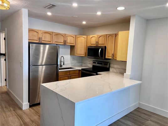 Interior, Kitchen, Recessed Lighting, Wood Texture Flooring