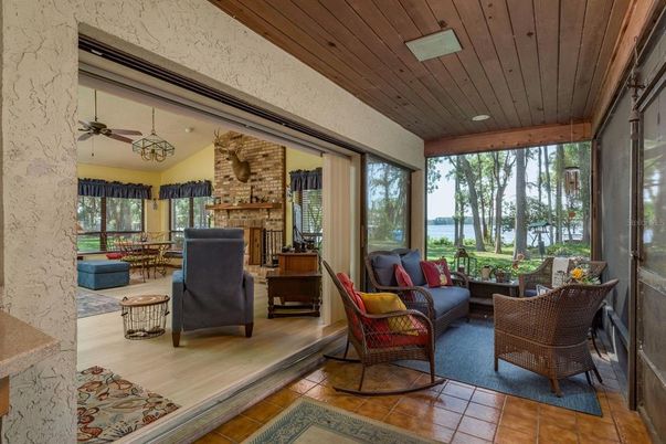 Fireplace, Interior, Living room, Stone Walls, Water, Wooden Ceilings, Wood Texture Flooring
