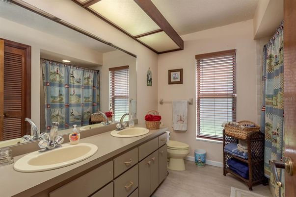 Bathroom, Dual Sink Vanities, Interior, Recessed Lighting, Wooden Beams, Wood Texture Flooring