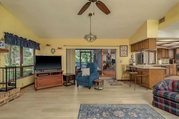 Interior, Kitchen, Living room, Pendant Lights, Wood Texture Flooring
