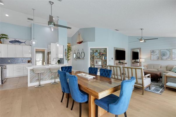 Dining room, Interior, Kitchen, Living room, Pendant Lights, Recessed Lighting, Wood Texture Flooring