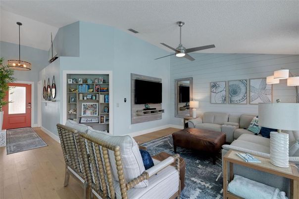 Interior, Living room, Pendant Lights, Wood Texture Flooring