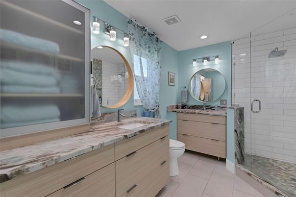Bathroom, Dual Sink Vanities, Glass Shower, Interior, Recessed Lighting