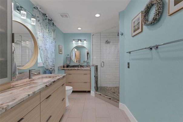 Bathroom, Dual Sink Vanities, Glass Shower, Interior, Recessed Lighting