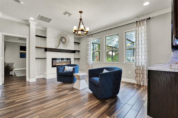 Chandelier, Fireplace, Interior, Recessed Lighting, Wood Texture Flooring