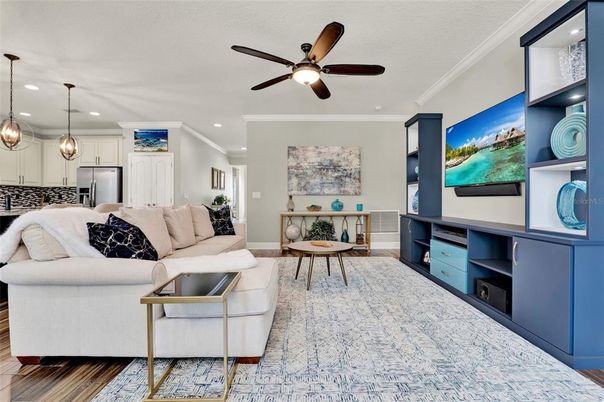 Dining room, Interior, Kitchen, Living room, Pendant Lights, Recessed Lighting, Stainless Steel Appliances, Wood Texture Flooring