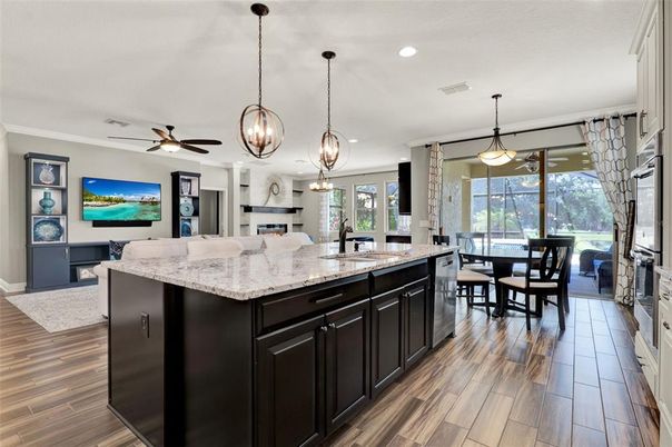 Dining room, Interior, Kitchen, Pendant Lights, Recessed Lighting, Wood Texture Flooring