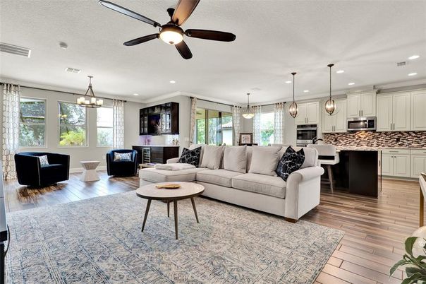 Interior, Kitchen, Living room, Pendant Lights, Recessed Lighting, Stainless Steel Appliances, Wood Texture Flooring