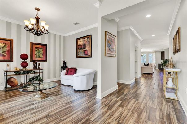 Chandelier, Interior, Living room, Recessed Lighting, Wood Texture Flooring