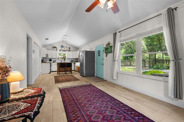 Interior, Kitchen, Pendant Lights, Wood Texture Flooring
