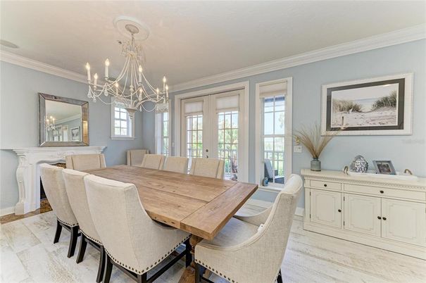 Chandelier, Dining room, Interior, Wood Texture Flooring