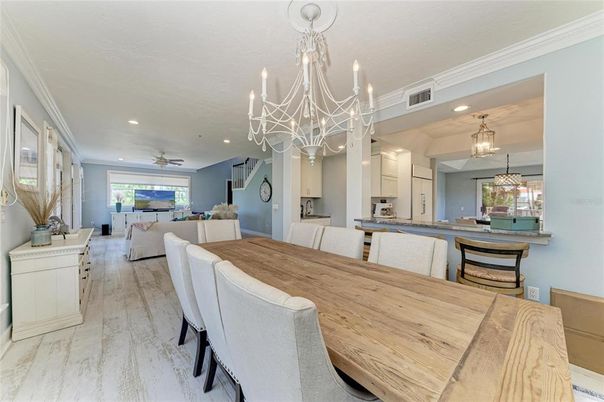 Chandelier, Dining room, Interior, Kitchen, Living room, Pendant Lights, Recessed Lighting, Wood Texture Flooring