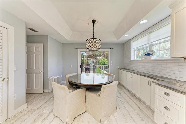 Dining room, Interior, Pendant Lights, Recessed Lighting, Wood Texture Flooring