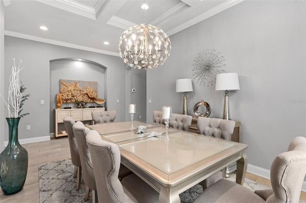 Chandelier, Dining room, Interior, Living room, Pendant Lights, Recessed Lighting, Wood Texture Flooring