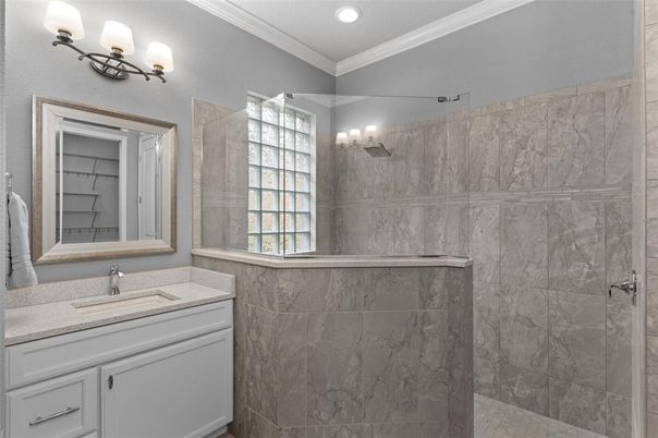 Bathroom, Glass Shower, Interior, Marble Walls, Recessed Lighting