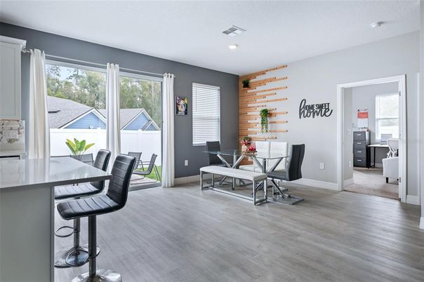 Dining room, Interior, Recessed Lighting, Wood Texture Flooring