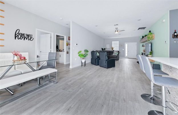 Dining room, Interior, Living room, Recessed Lighting, Wood Texture Flooring
