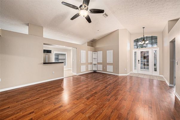 Chandelier, Empty room, Interior, Pendant Lights, Wood Texture Flooring