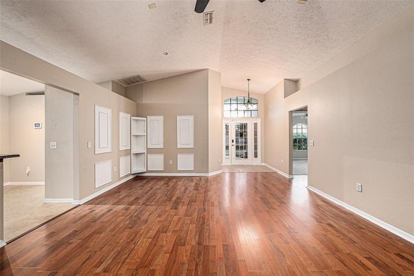 Empty room, Interior, Pendant Lights, Wood Texture Flooring