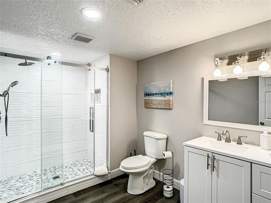 Bathroom, Glass Shower, Interior, Recessed Lighting, Wood Texture Flooring