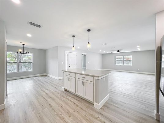 Empty room, Interior, Kitchen, Pendant Lights, Recessed Lighting, Wood Texture Flooring