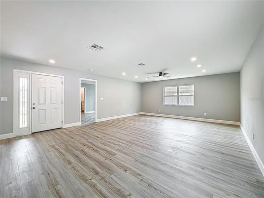 Empty room, Interior, Recessed Lighting, Wood Texture Flooring