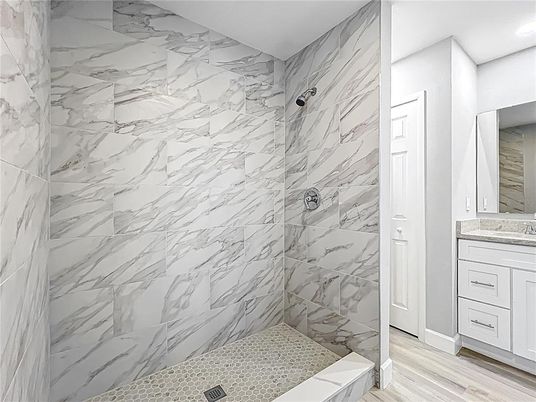 Bathroom, Interior, Marble Walls, Wood Texture Flooring