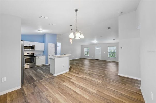 Empty room, Interior, Kitchen, Pendant Lights, Recessed Lighting, Stainless Steel Appliances, Wood Texture Flooring