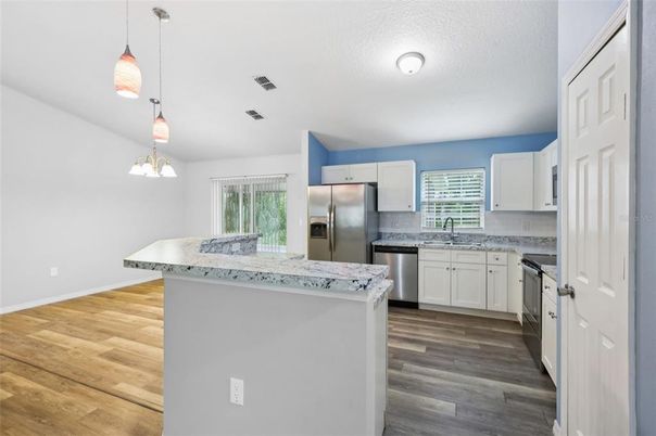 Interior, Kitchen, Pendant Lights, Stainless Steel Appliances, Wood Texture Flooring