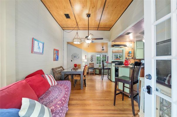 Dining room, Interior, Living room, Pendant Lights, Wooden Ceilings, Wood Texture Flooring