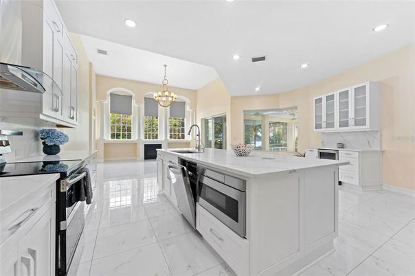 Chandelier, Interior, Kitchen, Marble, Recessed Lighting, Stainless Steel Appliances