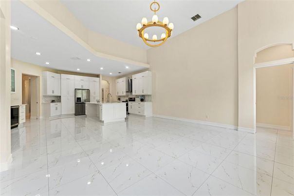 Chandelier, Interior, Kitchen, Marble, Recessed Lighting, Stainless Steel Appliances